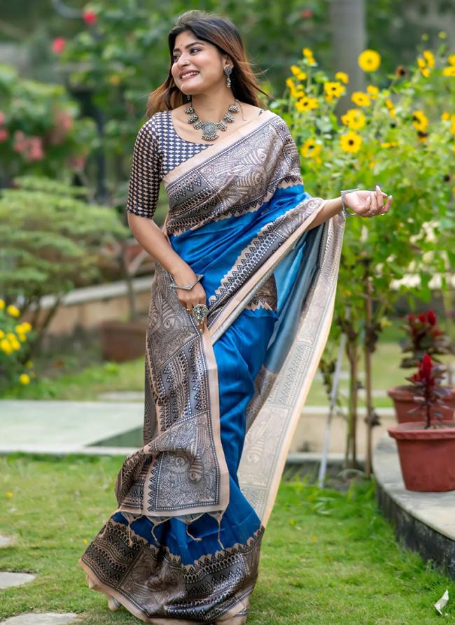 Tussar Silk Sea Blue Daily Wear Printed Saree